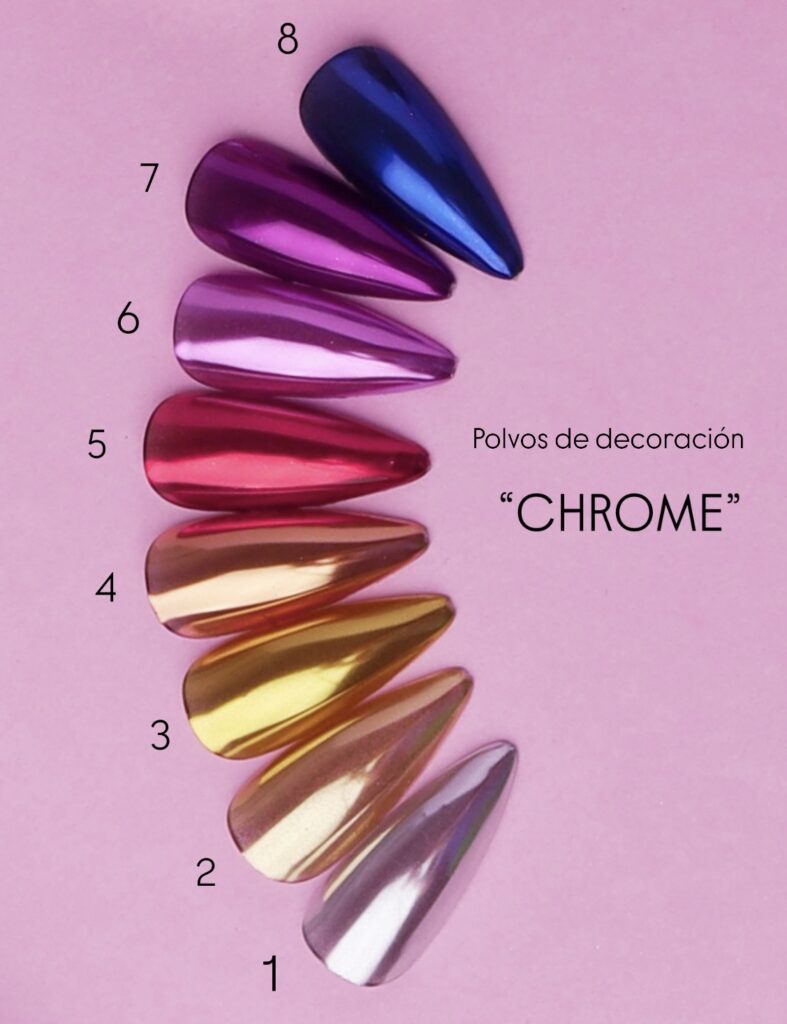Tips con efecto espejo metálico en rosa, dorado, morado y azul