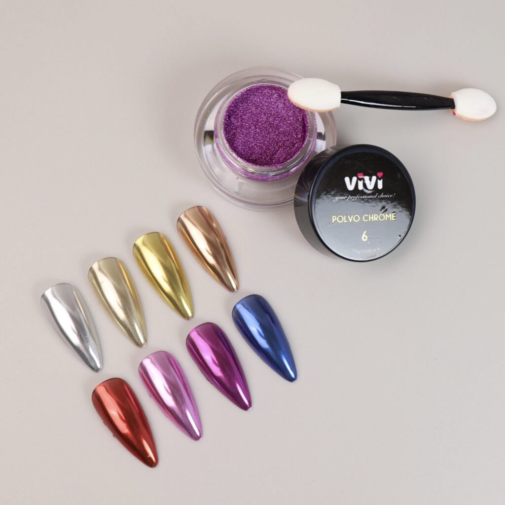 Tarro de polvo chrome con su aplicador y tips metálicos de colores
