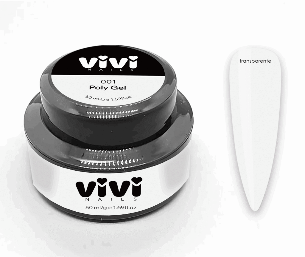 Tarro de Polygel transparente Vivi Nails con un tip de muestra