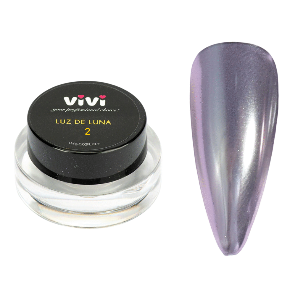 Polvo decorativo con efecto espejo Luz de Luna 2 de Vivi Nails, acabado lila plateado metálico