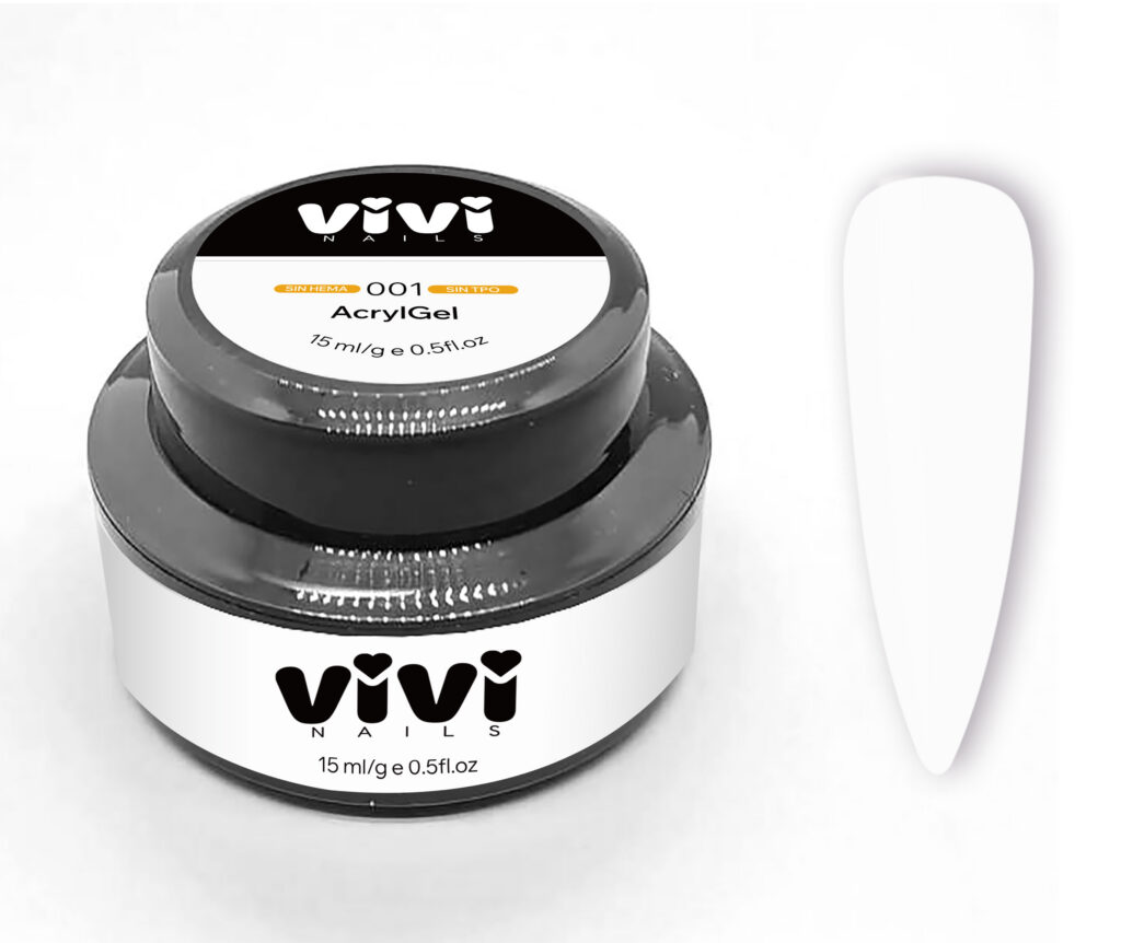 Bote de Acrylgel 001 transparente Vivi sin HEMA sin TPO de 15 ml junto a una uña transparente