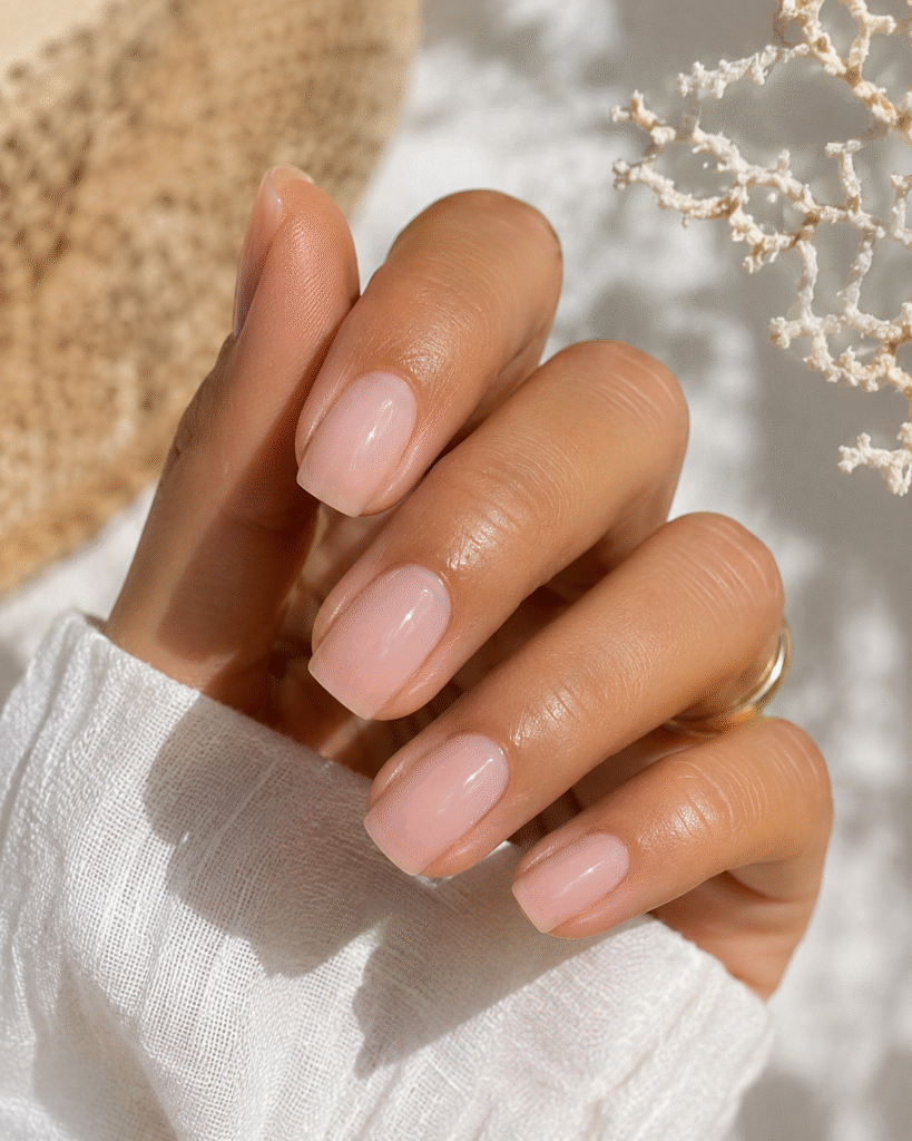 Mano con uñas cortas cuadradas en rosa natural y manga de punto blanca