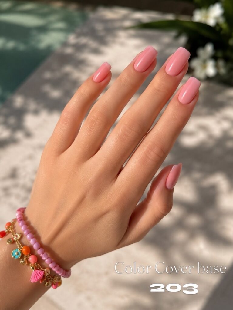 Mano con uñas almendradas en rosa coral a la luz del sol