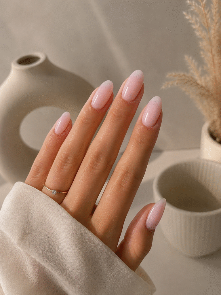 Mano con uñas almendradas en rosa lechoso junto a una taza