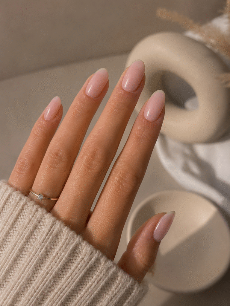 Mano con uñas largas almendradas en rosa nude